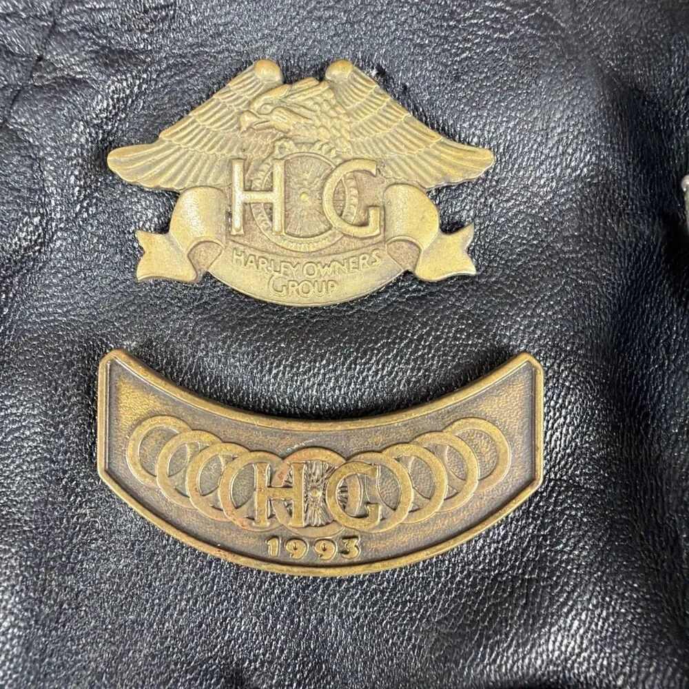 VTG 90's Black Leather Vest Harley HOG Pins & Patches Women Sz. 12